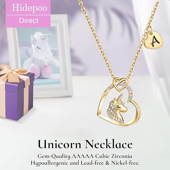 Hidepoo Stocking Stuffers for Teen Girls Kids - Colorful CZ Heart Pendant Initial Unicorn Necklaces for Girl Jewelry Birthday Gift Christmas Gifts for Grandkids Girls Kid