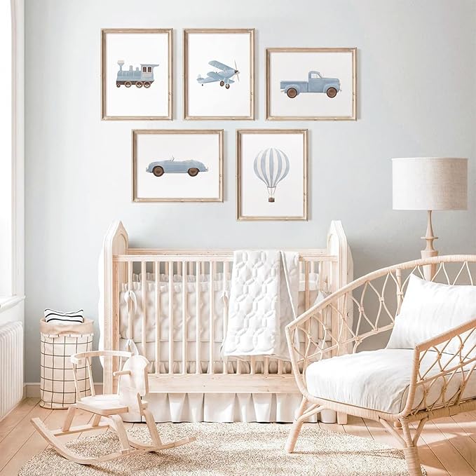 Blue Car Wall Art Decor Boys Room Canvas Poster Vintage Train Transportation Wall Art Watercolor Toddler Art Prints Blue Car Pictures Painting for Boy Bedroom Kids Nursery 12x16 Inch Unframed Set of 5