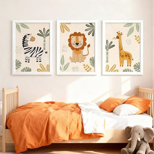Cute Zebra Lion Giraffe Quote Framed Wall Art Set of 3, 11x16 Boho Educational Animal Wall Sign for Baby Girl Kid Boy Toddlers, Wooden Inspirational Nursery Wall Decor White