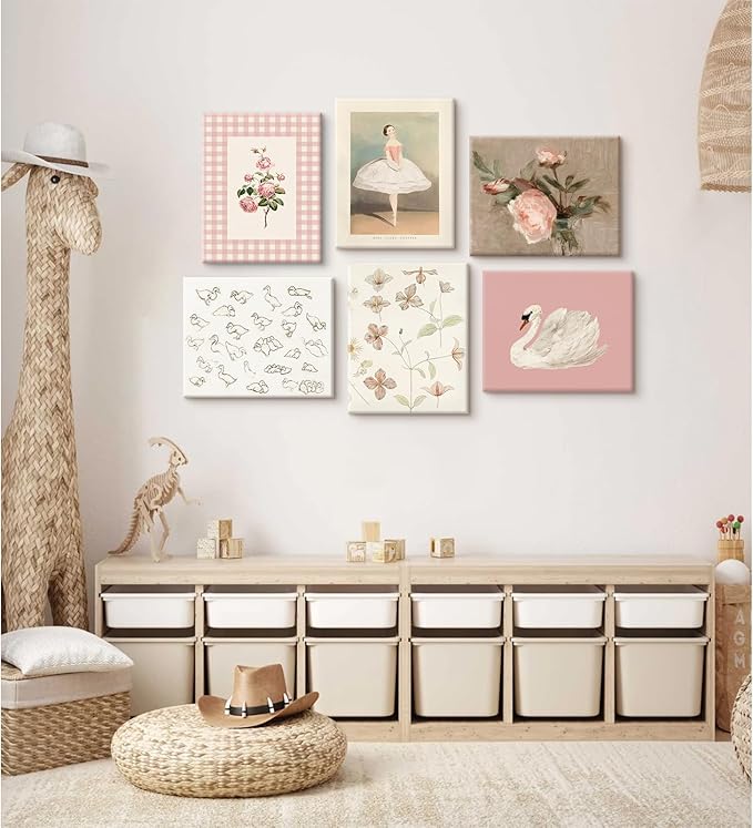 Nursery Pink Wall Art Decor Baby Girl Room Prints Vintage Nursery Floral Canvas Wall Decor Preppy Room Pictures Pink Swan Flower Paintings Artwork for Girls Bedroom 8x10 Inch Wrapped Canvas Set of 6