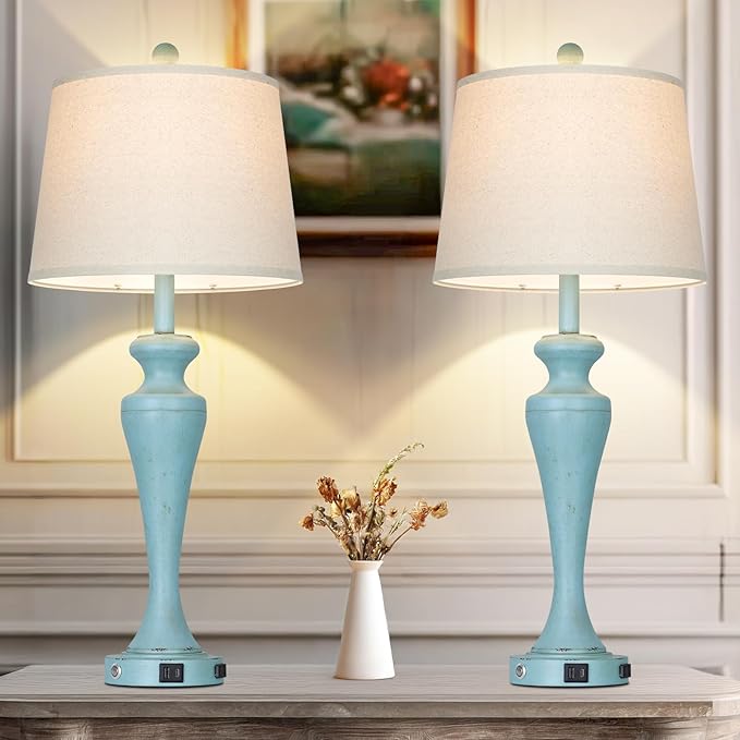 luxeflow 30" Blue Table Lamps Set of 2, Touch Control Coastal Living Room Lamp with USB A+C Ports and AC Outlet, 3-Way Bedside Lamps for Nightstand, Vintage Farmhouse Bedroom Lamp, 2 Bulbs Included