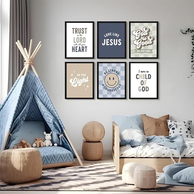 Bible Verses Wall Art Decor Christian Boy Nursery Canvas Wall Decor Boy Kids Room Posters Scriptures Religious Prints Modern Children Christian Pictures Artwork for Bedroom 8x10x6 Inch Framed