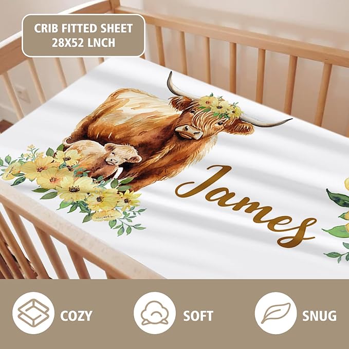 Custom Name Crib Bedding Set 3-Piece – Yellow Flower Highland Cow Design Baby Bedding Set with Personalized Soft Blanket, Fitted Sheet, Changing Pad Cover – Ideal Newborn Gift for Boys and Girls