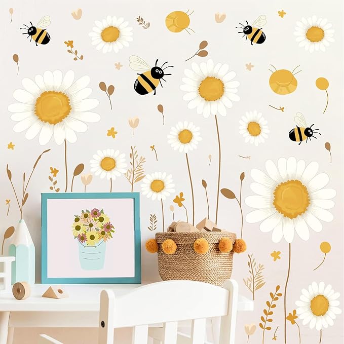 Daisy Floral Wall Stickers Baby Bedroom Walls Art Murals Boho Daisy Decals for Kids Room Peel and Stick Flower Bee Vinyl Wall Decals for Nursery Home Living Room Summer Flowers Party Theme Supplies