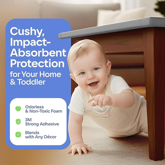 Baby Proof Corners 20.4ft and Edges with Furniture Corner & Edge Safety Bumpers, Impact-Absorbent 18ft Bumper & 8 Foam Corner Protectors, Thick, Odorless Table Edge Protectors for Baby | Grey