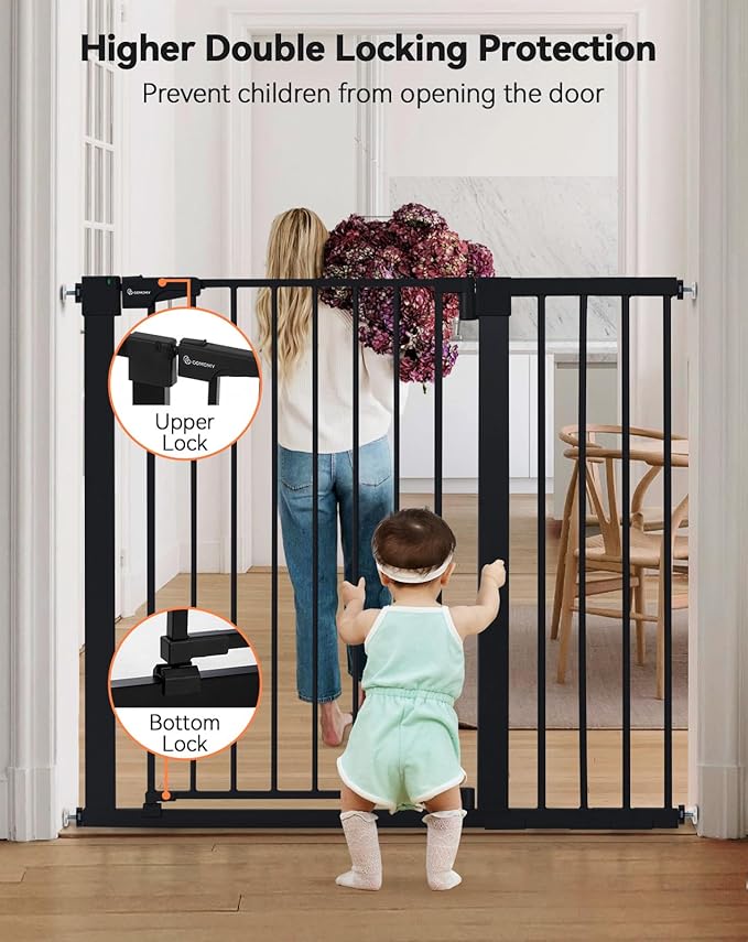COMOMY 36" Extra Tall Baby Gate for Stairs Doorways, Fits Openings 29.5" to 43.3" Wide, Auto Close Sturdy Safety Dog Gate for House, Pressure Mounted Easy Walk Through Pet Gate with Door, Black