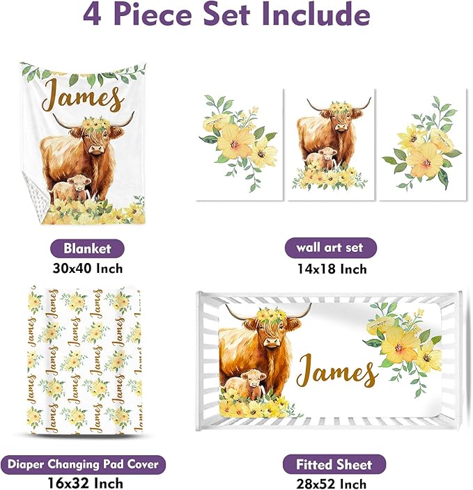 Personalized Baby Crib Bedding Set: 4 Piece Yellow Flower Custom Gift Crib Bed Set with Name - Highland Cow Theme, Nursery Bedding Set for Baby Girls,Newborn Girls Crib Sets, Crib Bedding Shower Gifts