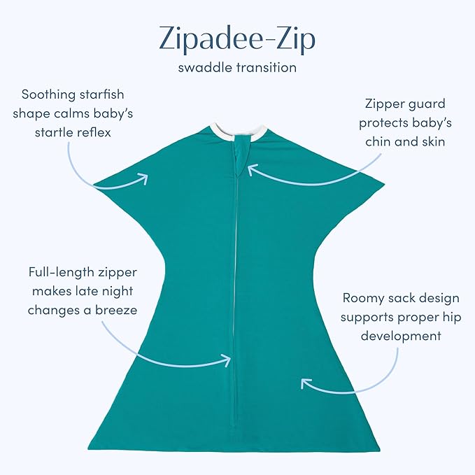 SleepingBaby Zipadee-Zip Transition Swaddle - Cozy Baby Swaddle Blanket with Zipper Convenience - Roomy Wearable Blanket for Easy Diaper Changes - Classic Teal, Large (12-24 Month)