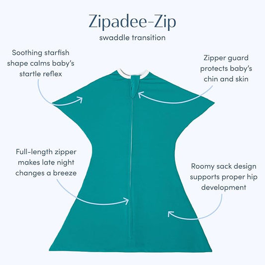 SleepingBaby Zipadee-Zip Transition Swaddle - Cozy Baby Swaddle Blanket with Zipper Convenience - Roomy Wearable Blanket for Easy Diaper Changes - Classic Teal, Large (12-24 Month)