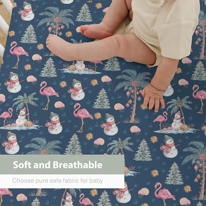 Preppy Beach Christmas Baby Crib Sheets for Boy Girl 52x28 Flamingo Palm Trees Snowmen Coastal Soft Snug Fitted Crib Mattress Cover Tropical Christmas Baby Sheet for Standard Crib & Toddler Mattress