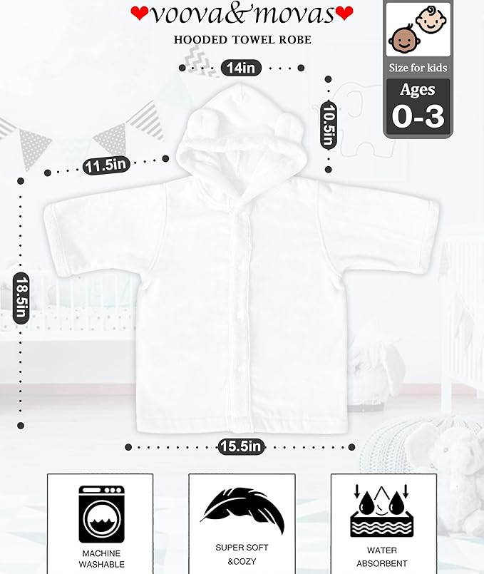 VOOVA & MOVAS Baby Hooded Towel with Bear Ear, 0-3Years | 100% Cotton, Ultra-Soft & Absorbent | Gentle for Sensitive Skin, Bath, Pool & Beach Towel | Newborn (White)