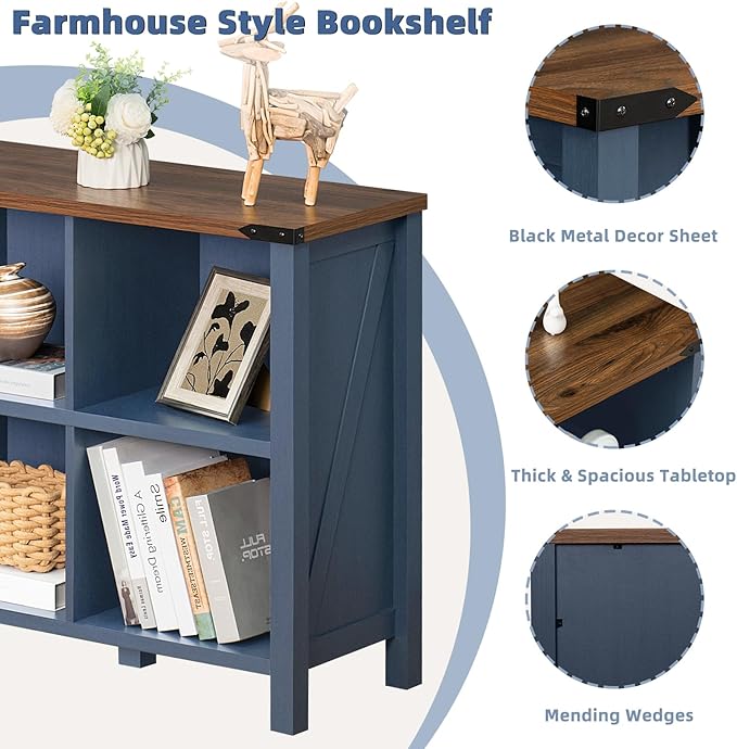 Joaxswe 6 Cube Bookcase, Farmhouse Wood Low Storage Organizer Book Shelf, 47" Horizontal Navy Blue Console Bookshelf with Legs, Hallway Book Case for Entryway, Display Cabinet for Living Room, Office