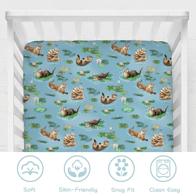 Cute Sea Otters Baby Crib Sheet - 52''x28'' Animal Snug Fitted Crib Mattress Cover for Boy & Girl - Watercolor Otters Pond Painting Soft Baby Bed Sheets for Standard Crib and Toddler Mattresses