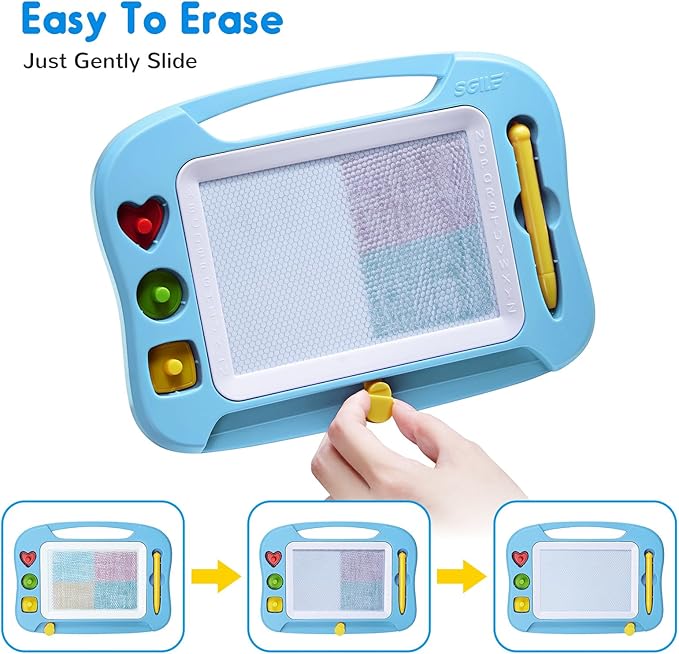 SGILE Magnetic Drawing Board for Kids, Toddlers Toys for 1 2 3 4 Year Old, Etch & Sketch Pad with 4 Stamps, Learning and Educational Toys for Boys Girls Gift, 25 x 18 CM (10 × 7 in), Light Blue