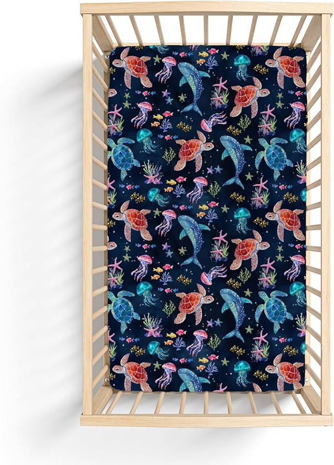 Fantasy Sea Animals Baby Crib Sheets for Boy Girl 28"x52" Turtle Whale Jellyfish Corals Soft Stretchy Fitted Crib Mattress Covers Nautical Marine Baby Sheet for Standard Crib & Toddler Mattress Navy