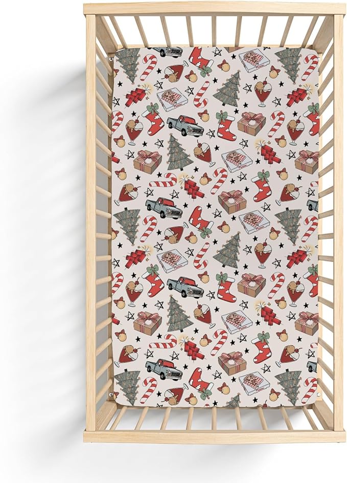 Boho Christmas Movie Baby Crib Sheets for Boy Girl 52x28 Christmas Tree Stockings Candy Pizza Truck Soft Snug Fitted Crib Mattress Cover Winter Holiday Baby Sheet for Standard Crib & Toddler Mattress