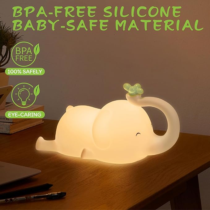 FRDEV Silicone Night Light for Kids, Squishy Elephant Lamp - 3 Level Dimmable Rechargeable with Timer, Safe Bedside Light for Nursery Toddler Room