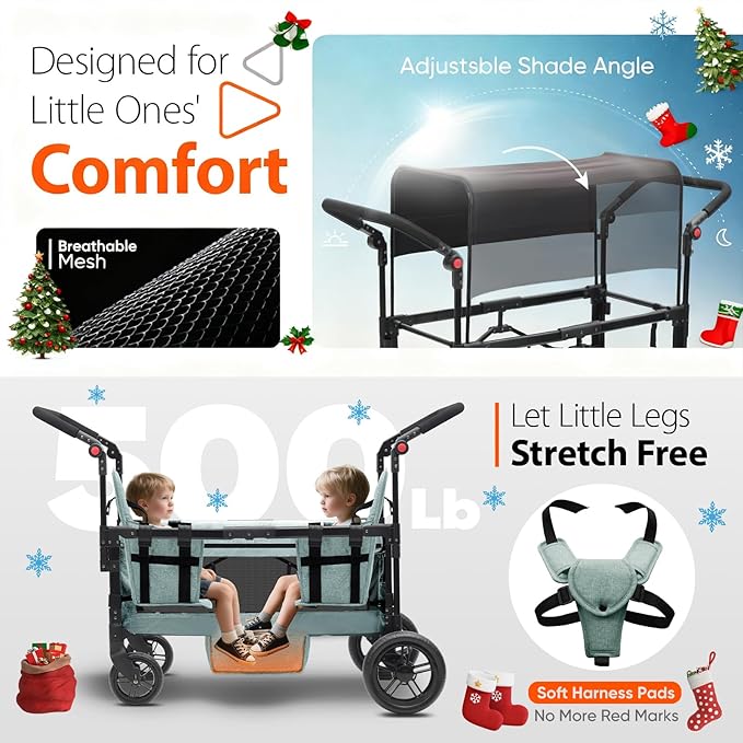 Sekey Wagon Stroller for 2 Kids, Luxury 4-in-1 Stroller Wagon - Premium Quality with Convertible Seats, Adjustable Push Handles, Removable Canopy, Snack Tray & Cooler, US Certified. Green