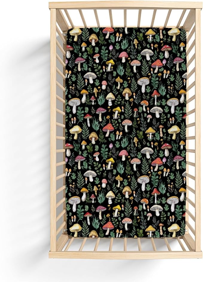 Colorful Mushrooms Green Leaves Baby Crib Sheets for Boy Girl 28"x52" Fall Mushroom Soft Stretchy Fitted Crib Mattress Cover Autumn Baby Sheet for Standard Crib & Toddler Mattress Pad