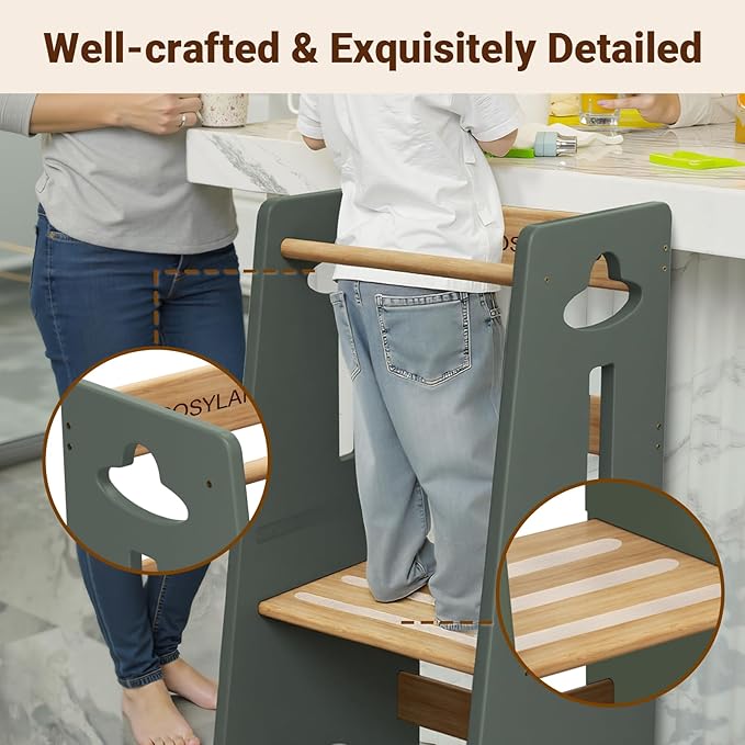 COSYLAND 3 Levels Adjustable Toddler Standing Tower - 33.5IN/85CM Stable Kids Kitchen Step Stool with Protective Crossbar - Wooden Toddler Kitchen Stool Helper(Green & Natural)