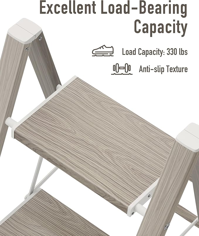 Mayi Plus 2 Step Ladder,Aluminum Folding Step Stool for Adults,Step Ladder with Wide Anti-Slip Pedal,330 lbs Capacity for Home,Kitchen,Library,Office,(Fir Woodgrain