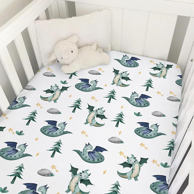 Cartoon Fairy Tale Dragon Trees Stars Baby Crib Sheets 52''x28'' Watercolor Dragons Stretchy Fitted Crib Mattress Cover for Boy Girl Soft Bed Sheet for Standard Crib and Toddler Mattress