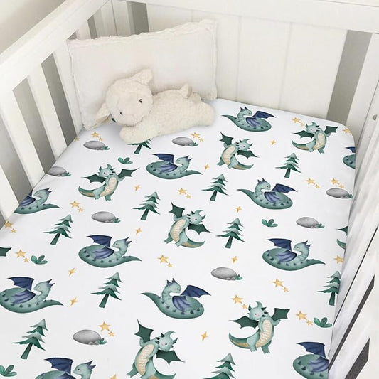 Cartoon Fairy Tale Dragon Trees Stars Baby Crib Sheets 52''x28'' Watercolor Dragons Stretchy Fitted Crib Mattress Cover for Boy Girl Soft Bed Sheet for Standard Crib and Toddler Mattress