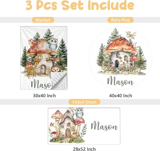 Personalized Baby Bedding Set - 3 Pcs Custom Name Crib Bedding Set for Nursery - Soft Double Layer Baby Crib Set for Boys Girls, Customized Gifts for New Parents Infant Toddler - Forest Animal