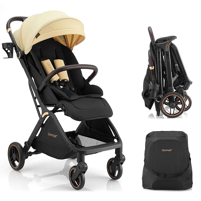 Gravity Folding Baby Stroller - Portable Travel Toddler Stroller w/Adjustable Backrest, Canopy, Footmuff & Cup Holder, Lightweight and UV Protected, One-Hand Automatic Folding - Beige