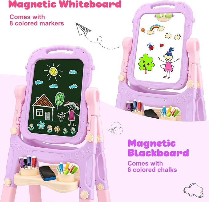 Kids Easels for Toddlers 2-4 Double Sided Kids Art Easel with Magnetic White Board Chalk Board Adjustable Stand Drawing Painting Easel Learning Toys 2 3 4 Year Old Girl Birthday Christmas Gifts Pink