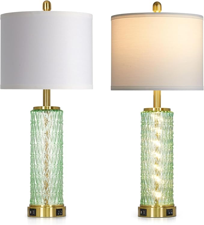 luxeflow 28" Green Glass Table Lamps Set of 2, Green Modern Bedside Lamp with LED Night Light, USB A+C, Glass Lamps for Living Room, Bedroom, Nightstand, Office, End Table (2 Bulbs Included)