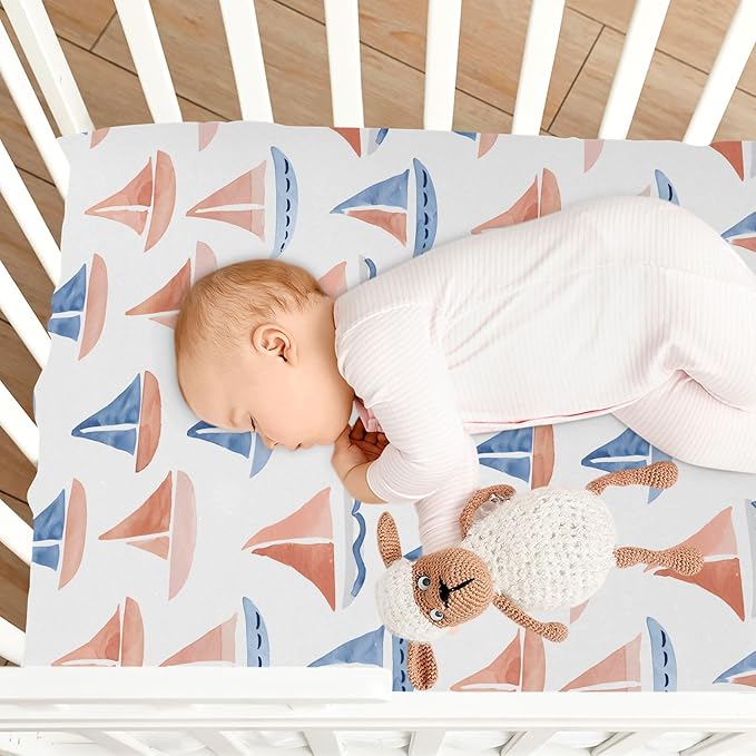 Baby Crib Sheets Fitted Crib Sheet Standard Crib and Toddler Mattress for Boys Girls 39 * 27in Pink Starfish Shell Pattern (Watercolor Sailboats Pattern, Medium)