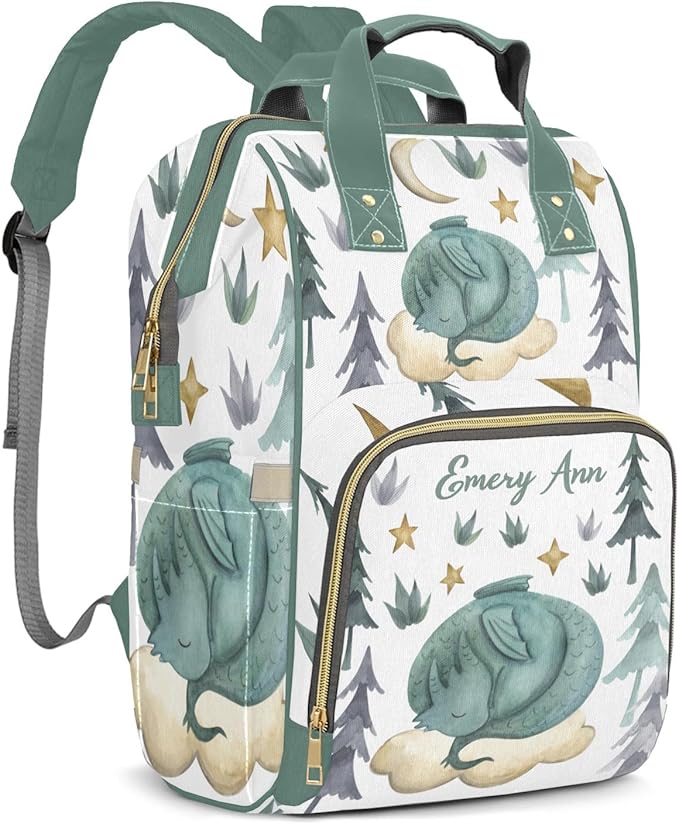 Personalized Cute Dragon Watercolor Custom with Name Diaper Bag Backpack For Baby Boy Girl Dad Mom Unisex for Adult Daypack Holiday Gift
