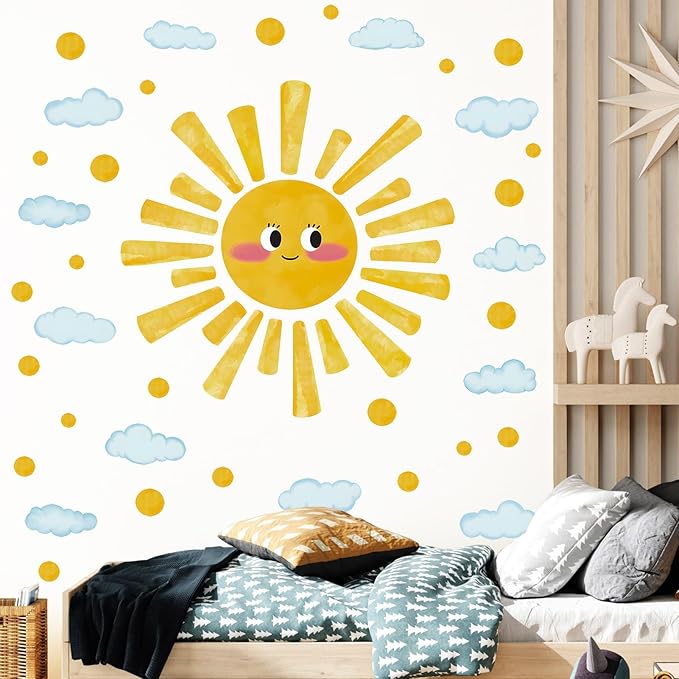 Eutecado Large Sun Wall Decals Watercolor Cloudy Wall Stickers for Kids Room, Smile Sun Polka Dots Clouds Wall Decor Stickers Peel and Stick Art Murals Decorations for Nursery Classroom Bedroom
