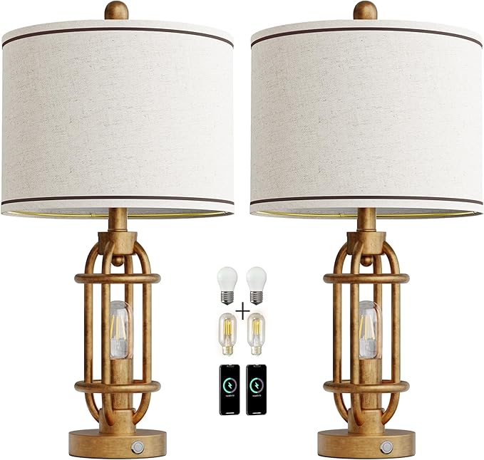 G-SAFAVA 23.75'' Table Lamps Set of 2 for Living Room Bedroom Industrial Farmhouse Metal Touch Lamps with USB A+C Ports, Night Light Vintage Nightstand Bedside Lamp, Bulbs Included, Antique Gold