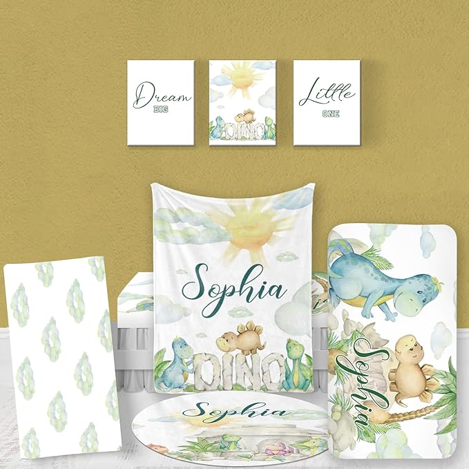 Custom Baby Bedding Set, Personalized Green Dinosaur Bedding, Baby Blanket Fitted Sheet Changing Cover Nursery Rug Room Decor Gift Idea
