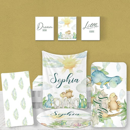 Custom Baby Bedding Set, Personalized Green Dinosaur Bedding, Baby Blanket Fitted Sheet Changing Cover Nursery Rug Room Decor Gift Idea