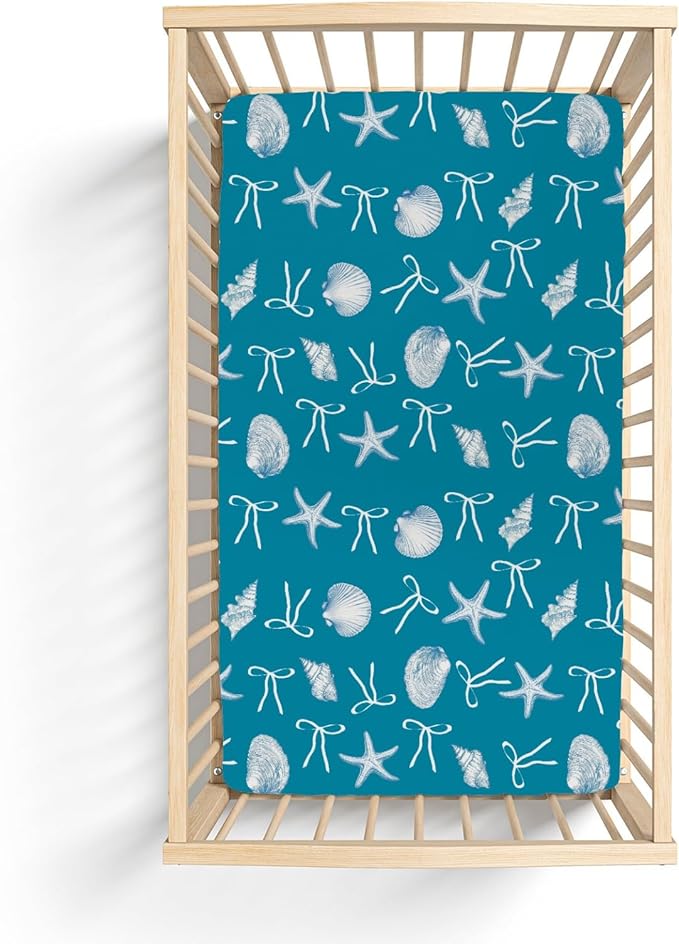 Summer Conches Bows Sea Baby Crib Sheets for Boy Girl 52"x28" Ocean Seashells Beach Soft Snug Fitted Crib Mattress Covers Boho Nautical Life Baby Sheet for Standard Crib and Toddler Bed Mattress Blue