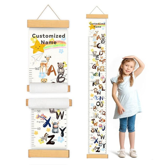 Woodemon Personalized Name Baby Height Growth Chart, Letters Canvas Height Chart for Kids Baby Toddler Boys Girls, Canvas&Wood Growth Chart for Wall Room Nursery Decor, Hanging Rulers