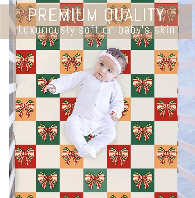 Checkerboard Christmas Bows Red Green Baby Crib Sheets for Boy Girl Vintage Bows Checkered Soft Snug Fitted Crib Mattress Covers for 52''x28'' Standard Crib & Toddler Mattress Ribbon Baby Bed Sheets