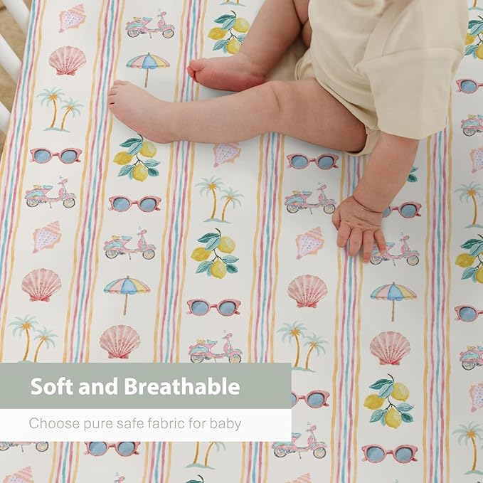 Boho Summer Beach Baby Crib Sheets for Girl 28"x52" Retro Lemon Palm Tree Sunglass Seashells Soft Snug Fitted Crib Mattress Cover Coastal Seaside Baby Sheet for Standard Crib & Toddler Bed Mattress