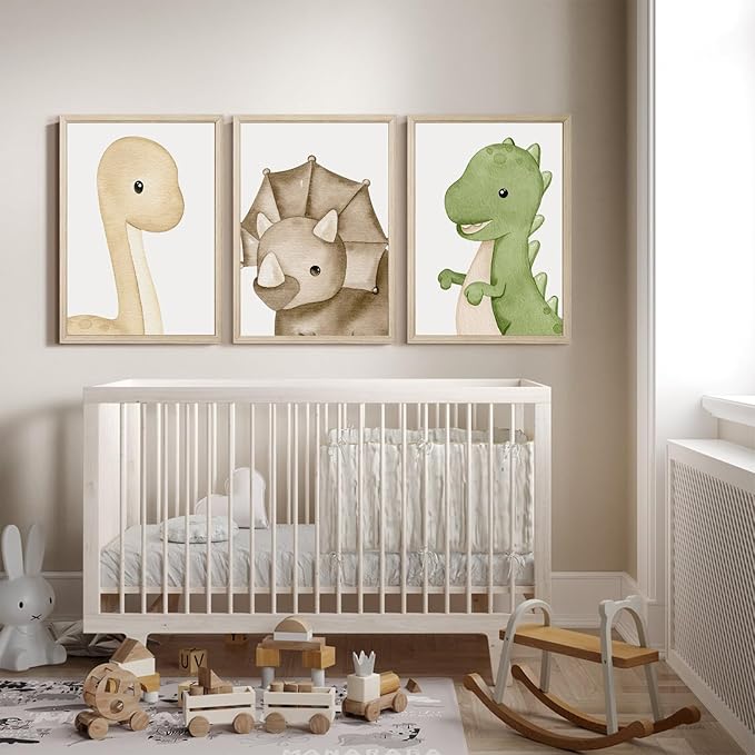 Dinosaur Wall Art Kids Boys Room Canvas Wall Decor Dino Nursery Wall Art Pictures Baby Dinosaur Poster Prints for Boys Bedroom Bathroom 16x24 Inch Wood Framed Set of 3