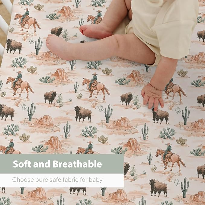 Vintage Cowboy Buffalo Baby Crib Sheets for Boy Girl 52x28Inch Retro Bison Cactus Soft Stretchy Fitted Crib Mattress Cover Western Desert Baby Sheet for Standard Crib and Toddler Bed Mattress