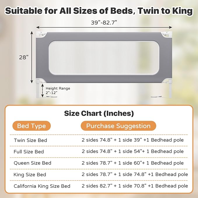 MagicFox 3 Piece Twin Size Bed Rail for Toddlers, Upgraded Height Adjustable Baby Bed Rail Guard, Thickened Child Safety Bed Rails for Twin Size Beds (74.8"x74.8"x39" Gray)