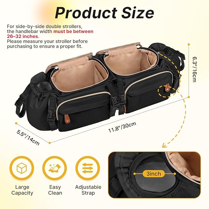 Boomistry Double Stroller Organizer for Bob Duallie and Baby Jogger City Mini GT2, Double Stroller Caddy Organizers with Cup Holder and 2 Cooler Pockets Parent Console Double Stroller Accessories