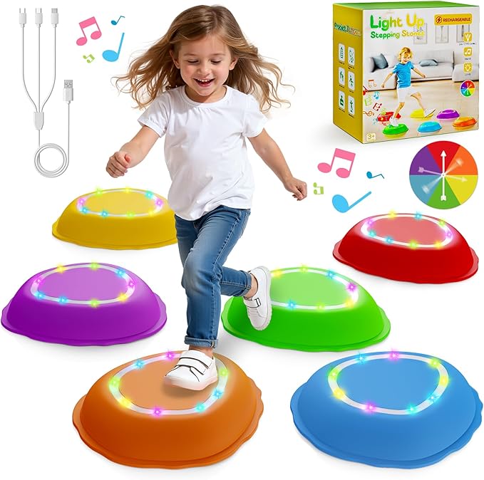 Rechargeable Stepping Stones for Kids, 6pcs Music and Light Up Anti-Slip Balance Sensory Toys for Toddler, Kids Indoor and Outdoor Play Equipment, Birthday Gifts Toys for 3 4 5+ Year Old Kids