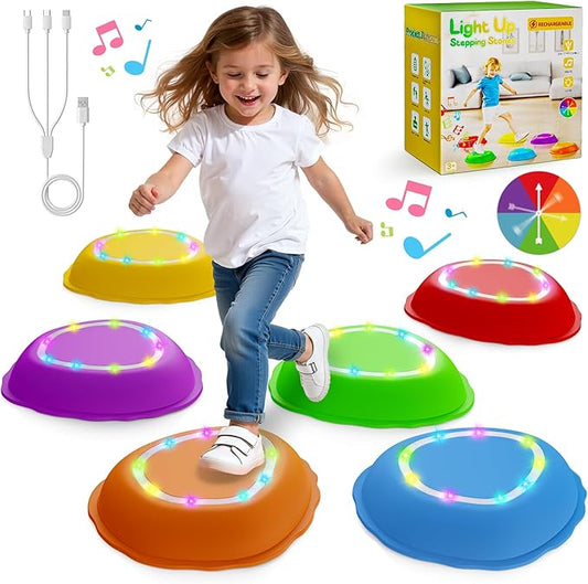 Rechargeable Stepping Stones for Kids, 6pcs Music and Light Up Anti-Slip Balance Sensory Toys for Toddler, Kids Indoor and Outdoor Play Equipment, Birthday Gifts Toys for 3 4 5+ Year Old Kids