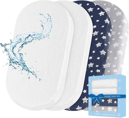 Bassinet Sheets & Waterproof Bassinet Mattress Pad Protector 4 Pack Set, Viscose Terry, Universal Fit for Oval, Hourglass and Rectangular Mattress, Grey & Navy