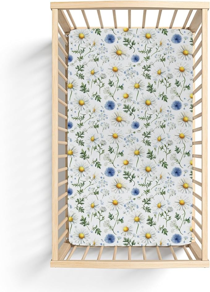 Vintage Daisy Boho Floral Baby Crib Sheets for Boy Girl 52x28Inch Wild Flowers Leaves Soft Stretchy Fitted Crib Mattress Cover Spring Summer Baby Sheet for Standard Crib and Toddler Mattress