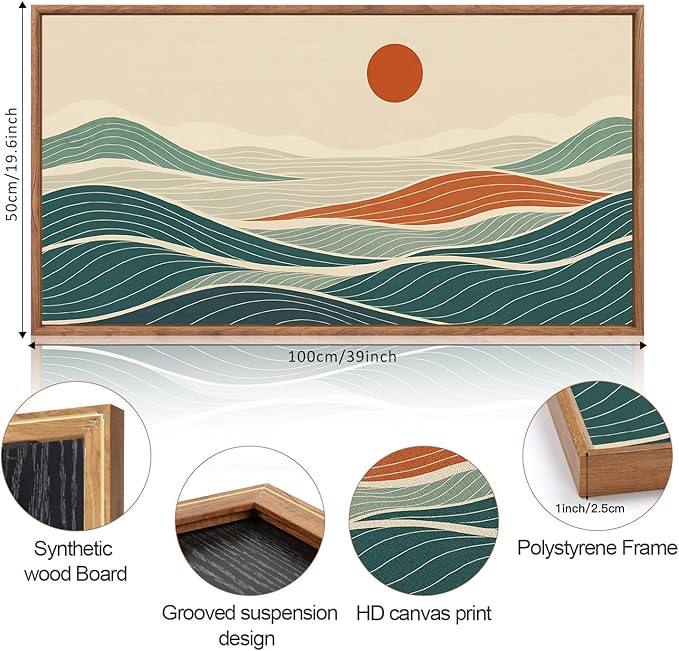 CHDITB Coastal Long Horizontal Framed Wall Art, Minimalist Sea Wall Decor, Waves Line Artwork Ocean Waves Painting, Modern Coastal Art Prints for Beach House Decor Nautical Theme Room 40”x20”x1